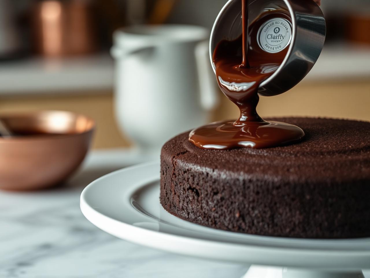 Chocolate fundido vertido sobre una torta