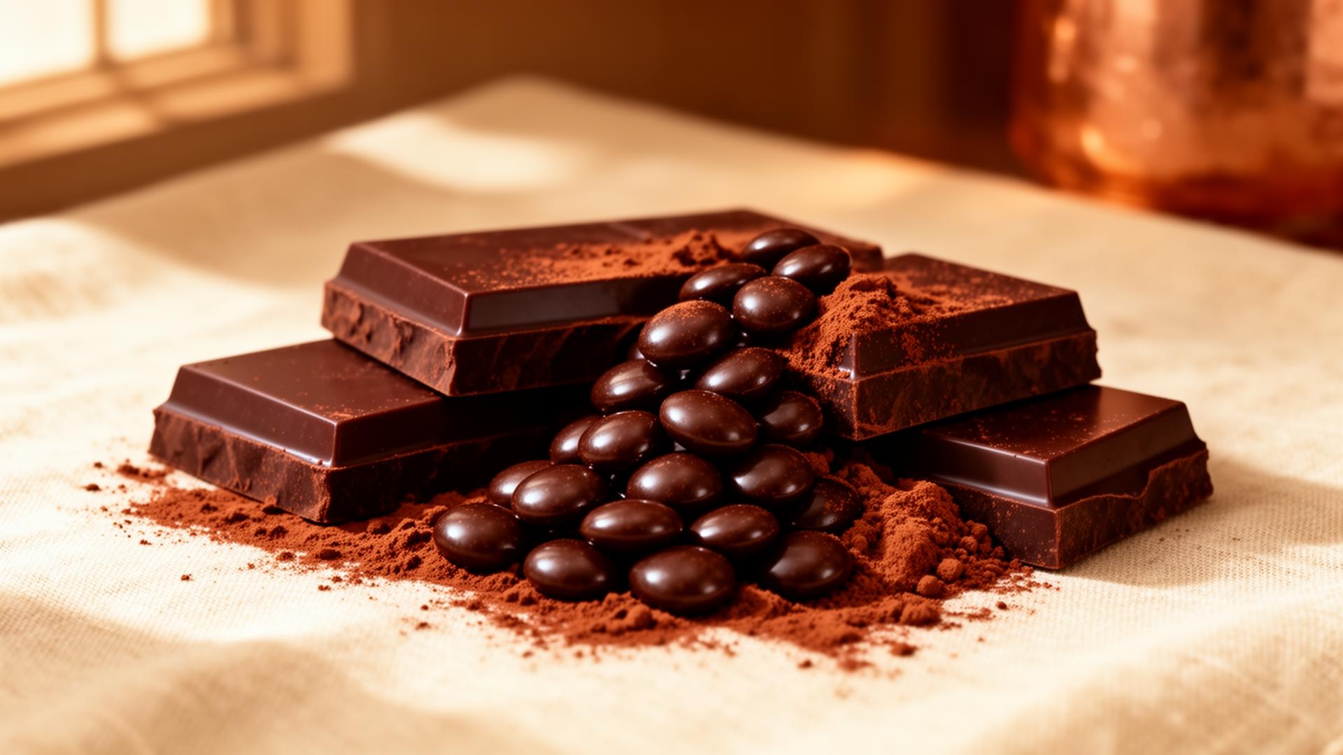 Bloques de chocolate, pastillas y cacao en polvo sobre lino crema